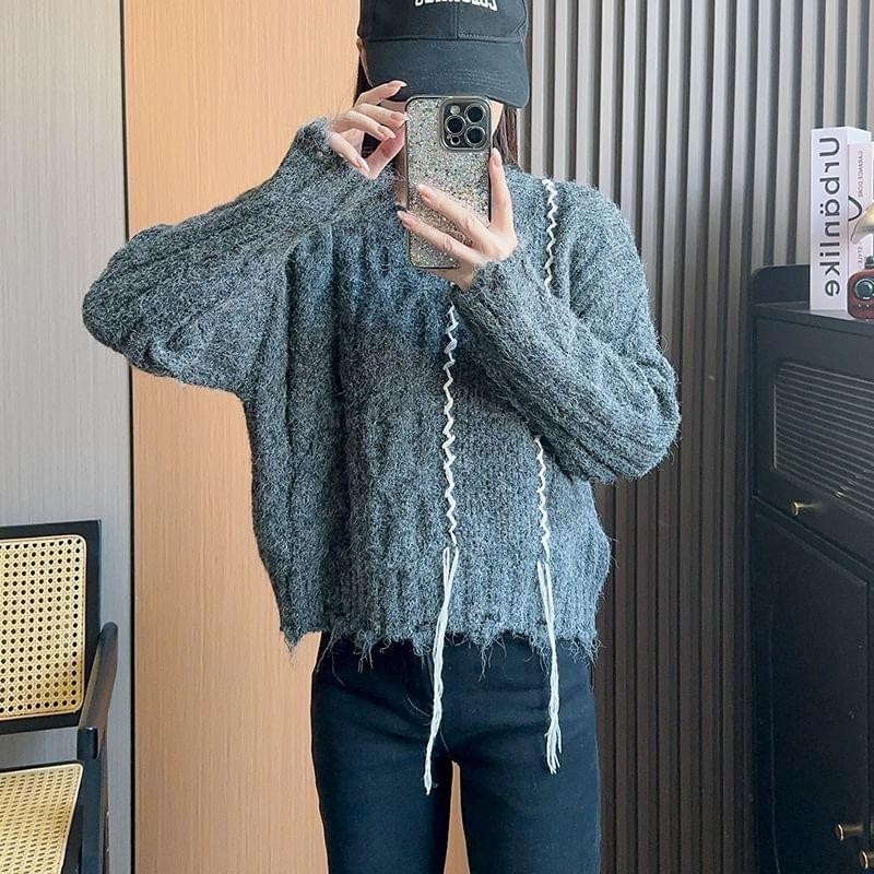 Crew Neck Plain Cable-Knit Distressed Sweater Product Image