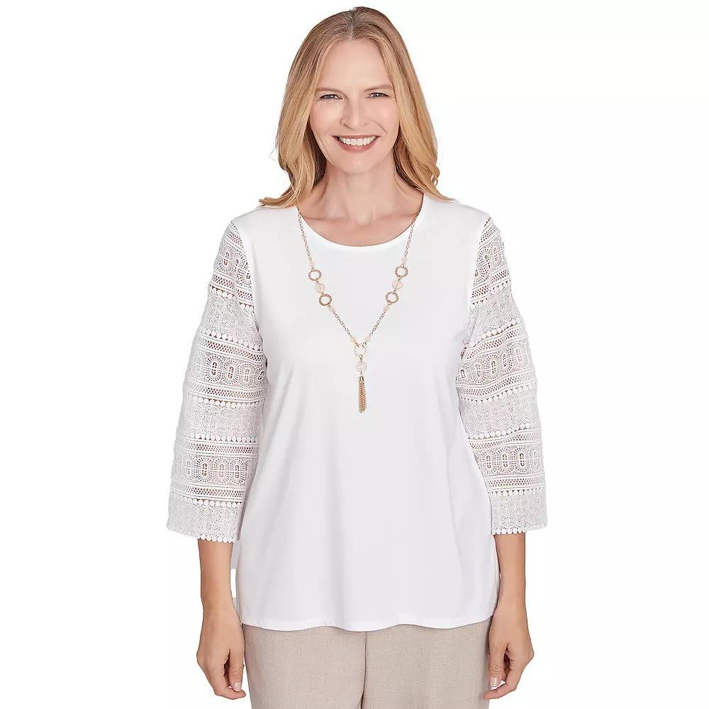 Petite Alfred Dunner Solid Lace Sleeve Knit Top with Necklace, Women's, Size: Medium Petite, Ivory Product Image