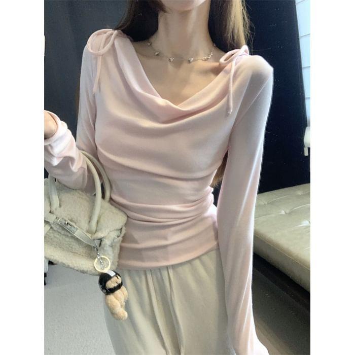 Long Sleeve Cowl Neck Bow Accent Plain Slim-Fit Top Product Image