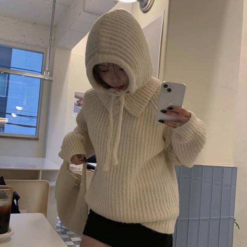 Long Sleeve Plain Ribbed-Knit Loose-Fit Sweater with Beanie Product Image