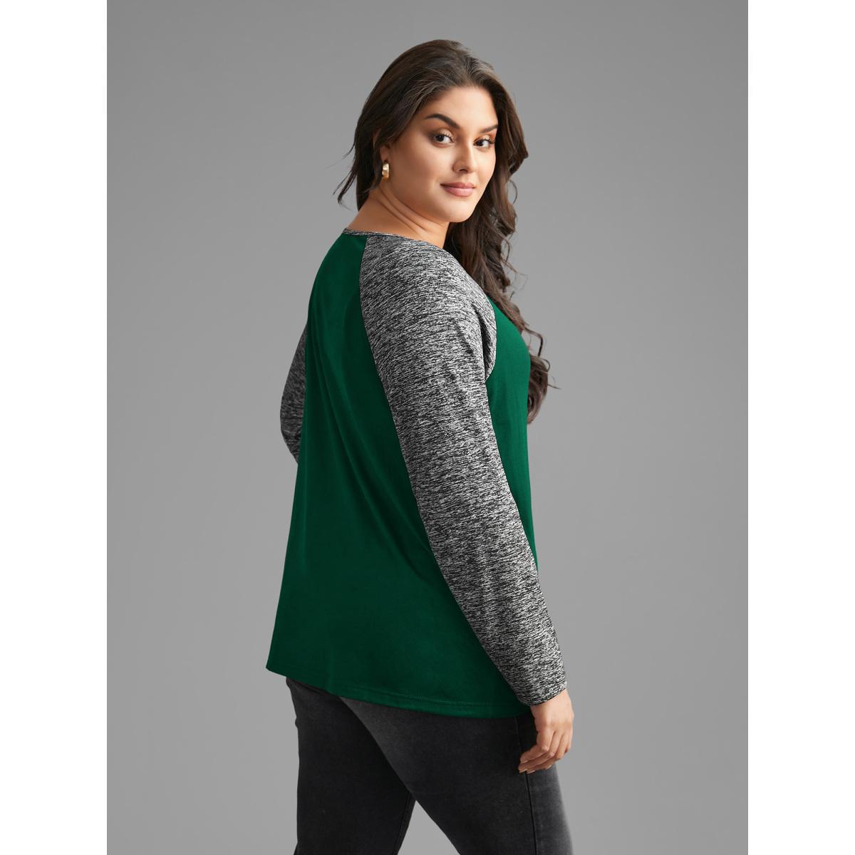 Plus Size Heather Patchwork Button Detail Stretchy T-Shirt DarkGreen Women Casual Contrast Flat collar with V-notch Everyday T-shirts BloomChic 28/5X Product Image