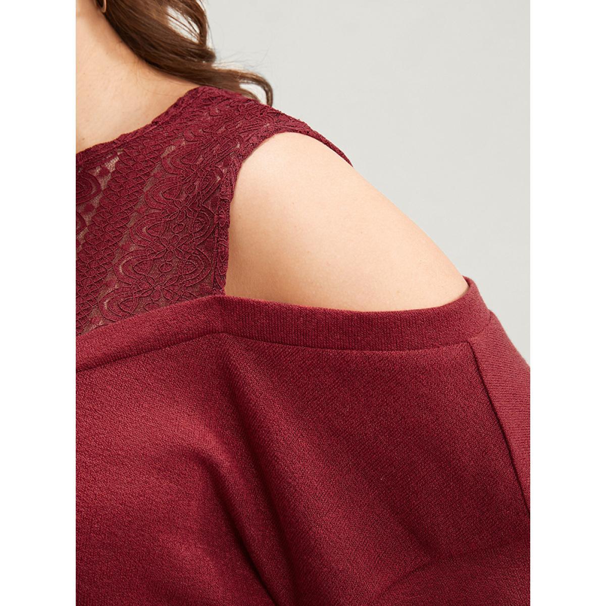 Plus Size Solid Lace Mesh Cold Shoulder Sweatshirt Women Burgundy Elegant See through Round Neck Dailywear Sweatshirts BloomChic 26/4X Product Image