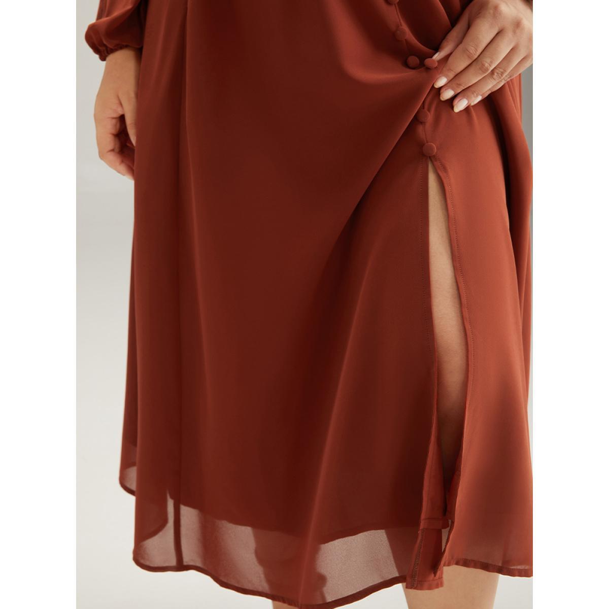 Plus Size Chiffon Plain Split Hem Button Detail Dress Rust Women Elegant Elastic cuffs V-neck Long Sleeve Curvy Midi Dress BloomChic 12/L Product Image