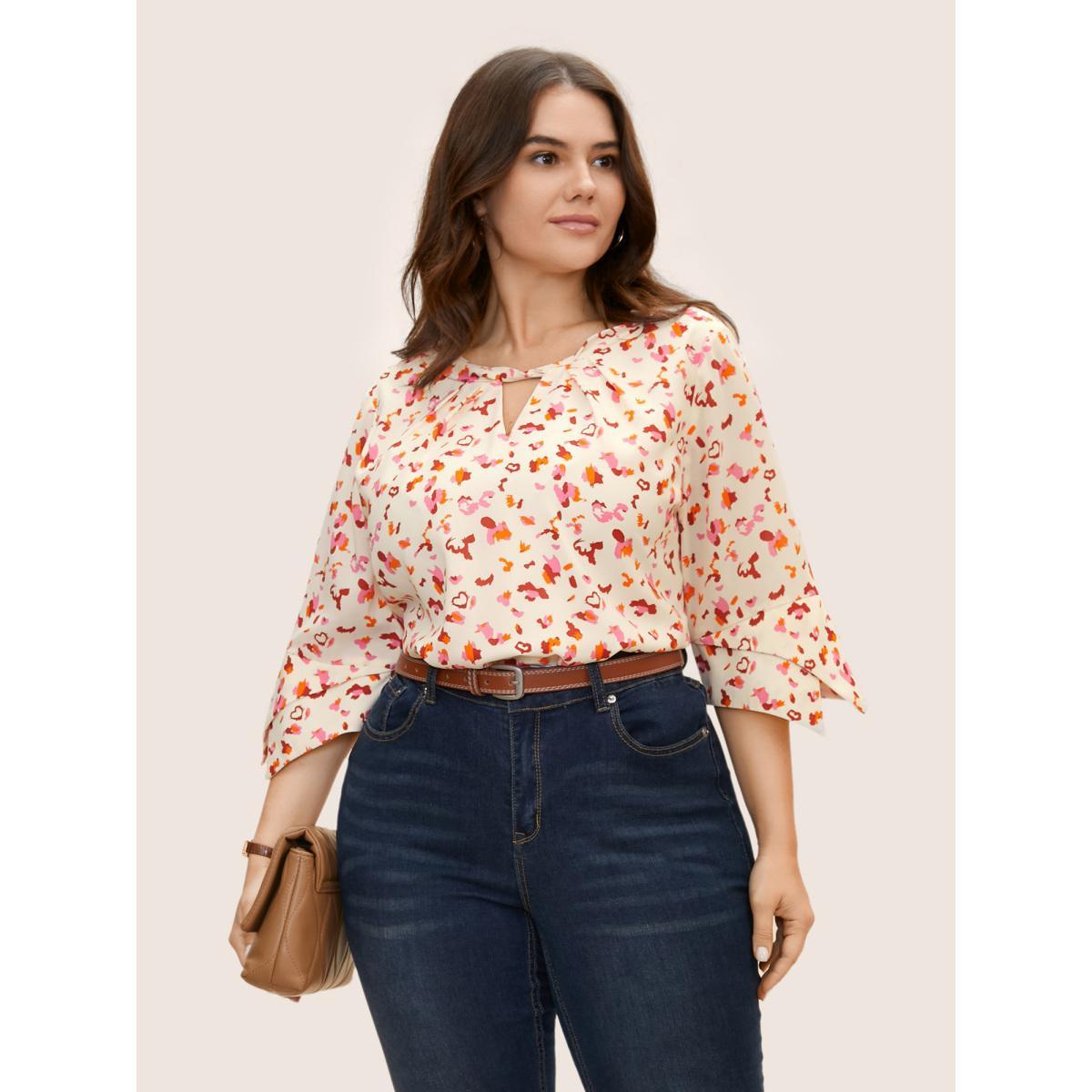 Plus Size Multicolor Allover Print Ruffle Sleeve Keyhole Blouse Women At the Office Elbow-length sleeve Round Neck Work Blouses BloomChic 14-16/1X Product Image