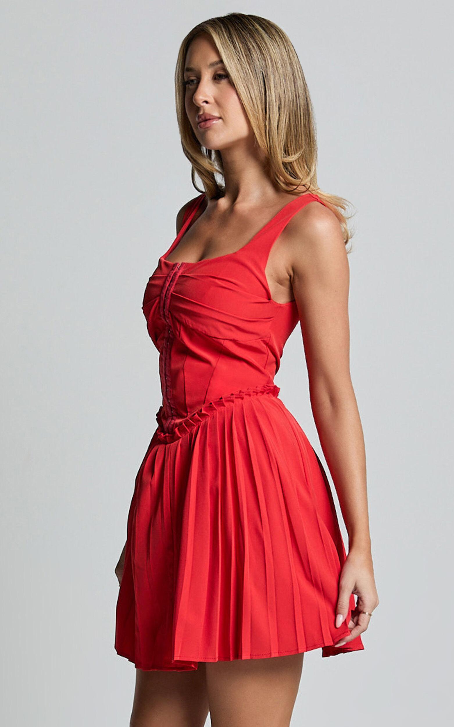 Adana Mini Dress - Fit and Flare Eyelet Corset Detail Mini Dress in Red Product Image