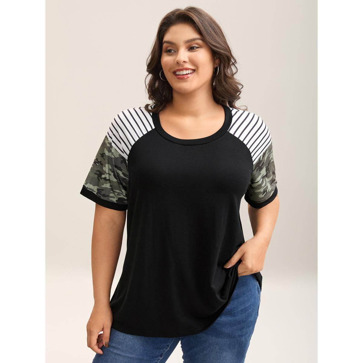 Plus Size Striped Camouflage Print Round Neck T-Shirt Black Women Contrast Round Neck Everyday-Casual T-shirts BloomChic 28/5X Product Image