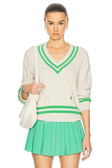 Sporty & Rich Cableknit V-Neck Sweater in Cream Product Image