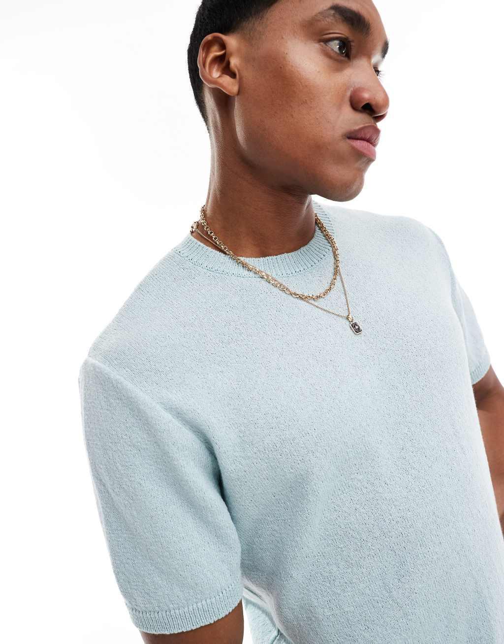 ASOS DESIGN relaxed knit crew neck slubby t-shirt in blue Product Image