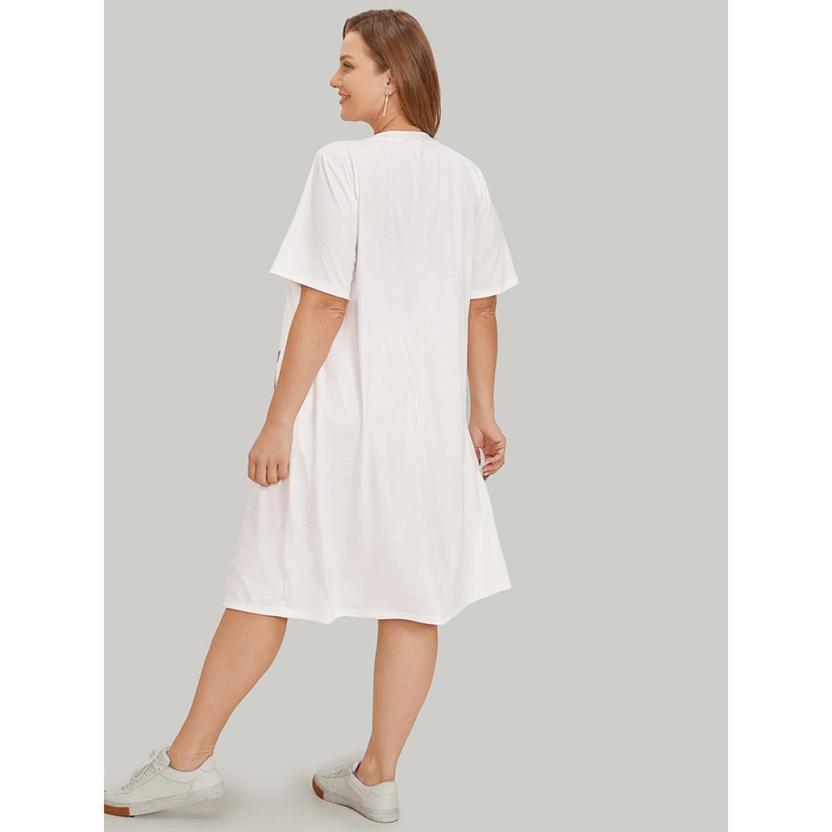 Plus Size Floral Print Pocket Contrast Midi Dress White Women Casual Pocket Round Neck Short sleeve Curvy Midi Dress BloomChic 26/4X Product Image