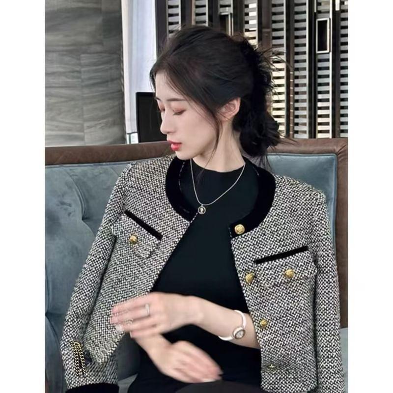 Crew Neck Contrast Trim Button-Up Tweed Crop Jacket Product Image