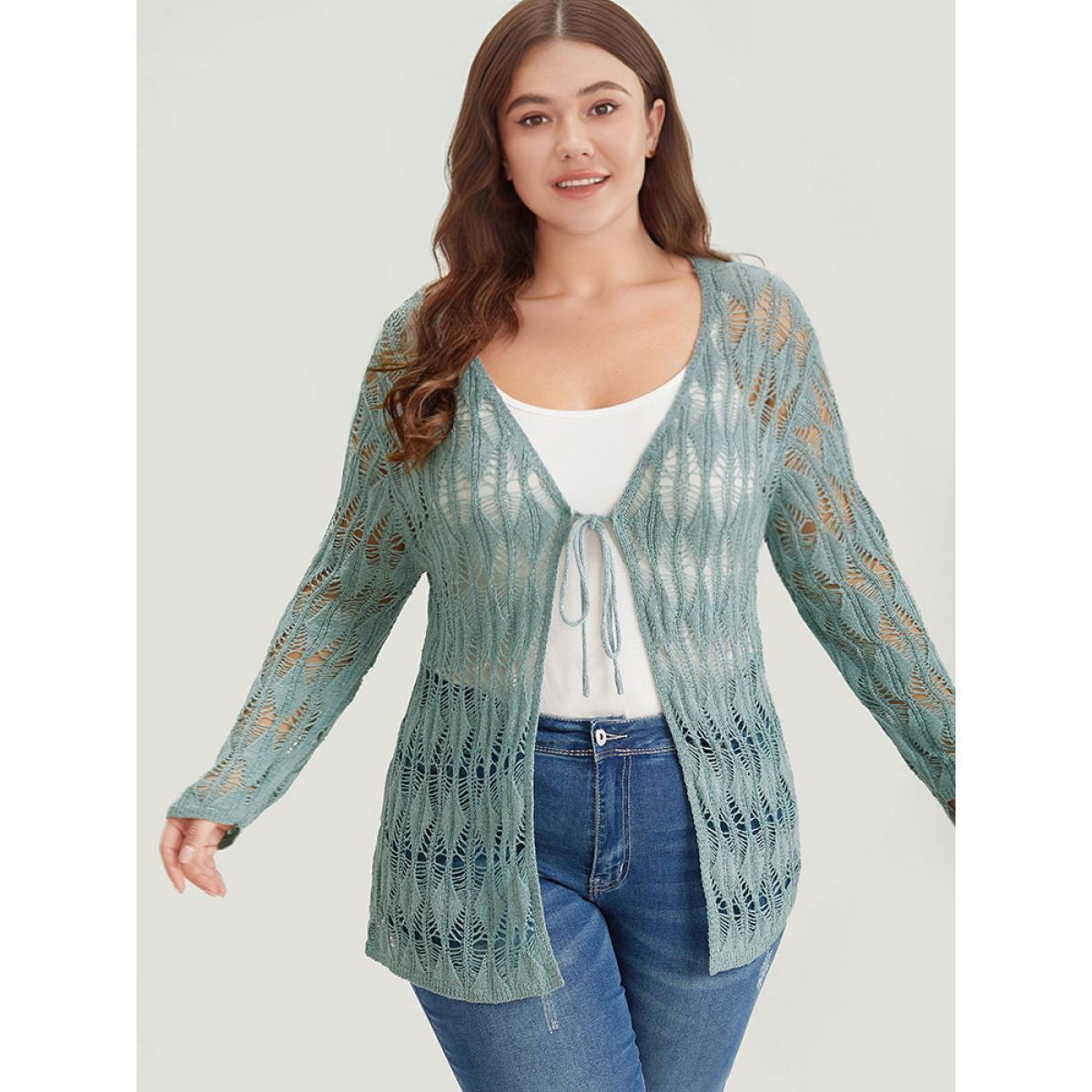 Plus Size Solid Tie Front Hollow Out Cardigan Stone Women Casual Loose Long Sleeve Everyday Cardigans BloomChic 26/4X Product Image