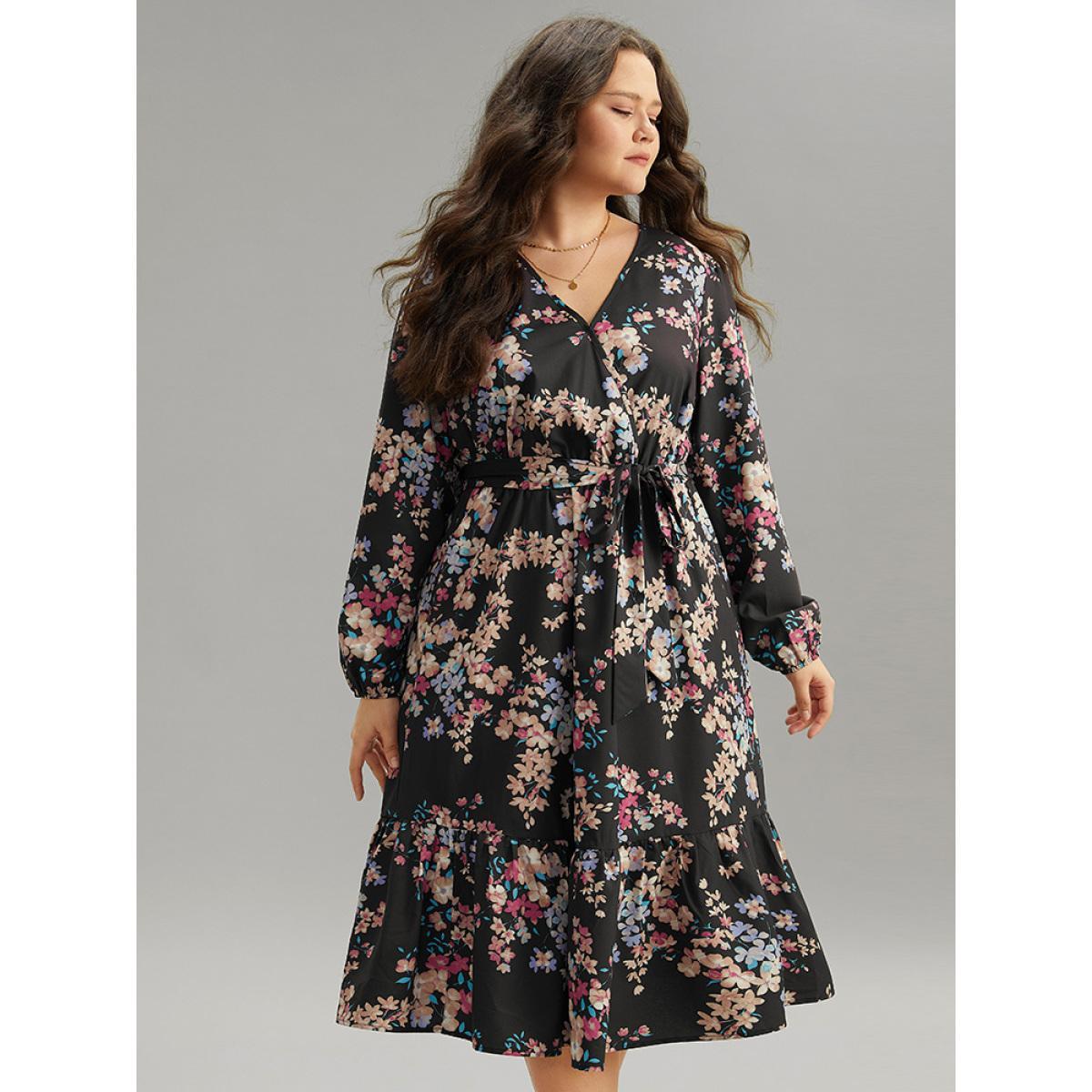 Plus Size Floral Print Overlap Collar Elastic Cuffs Dress Black Women Elegant Elastic cuffs Overlap Collar Long Sleeve Curvy Midi Dress BloomChic 18-20/2X Product Image
