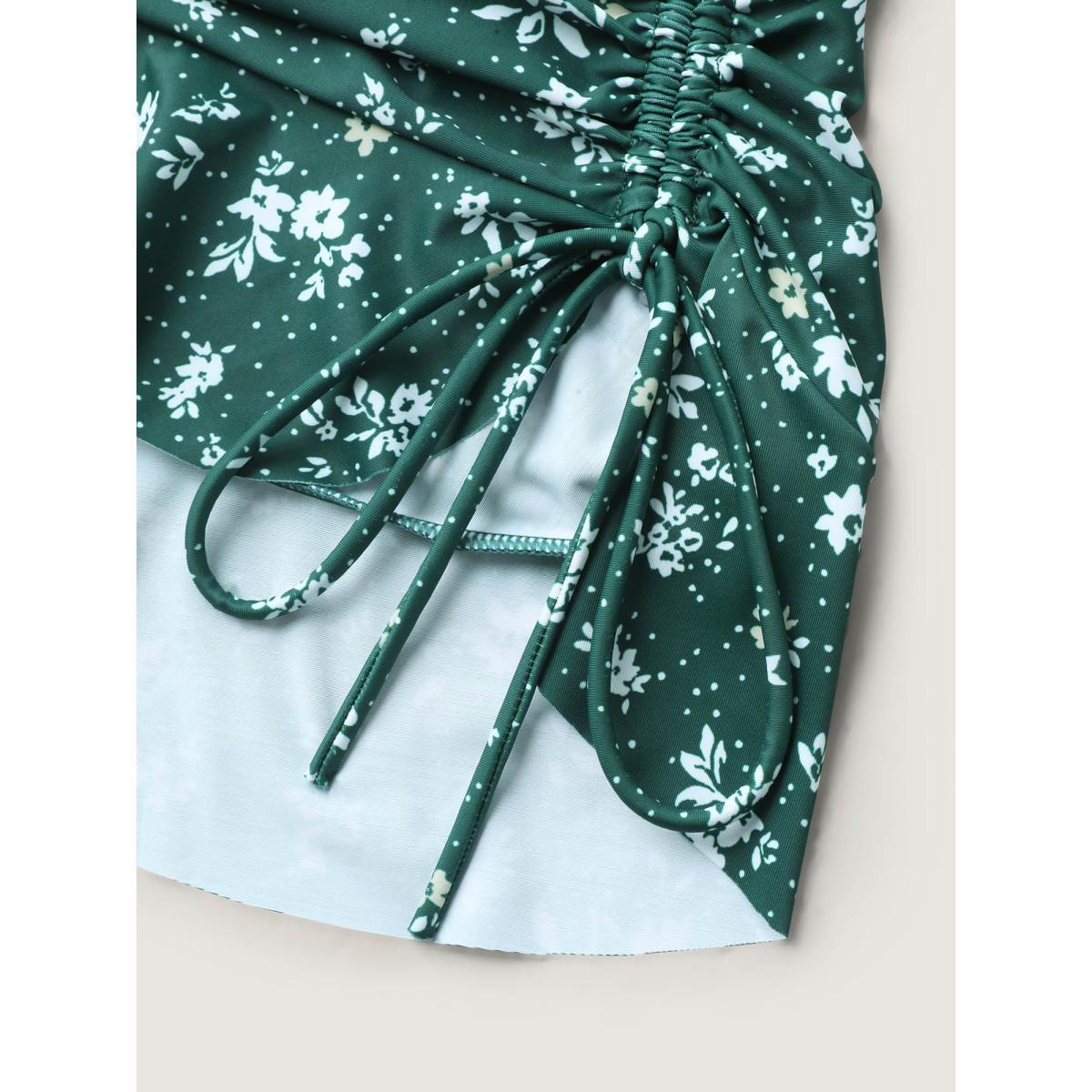 Plus Size Ditsy Floral Print Drawstring Swim Dress Women's Swimwear DarkGreen Beach Bodycon Overlap Collar High stretch Curve Swim Dresses BloomChic 28/5X Product Image