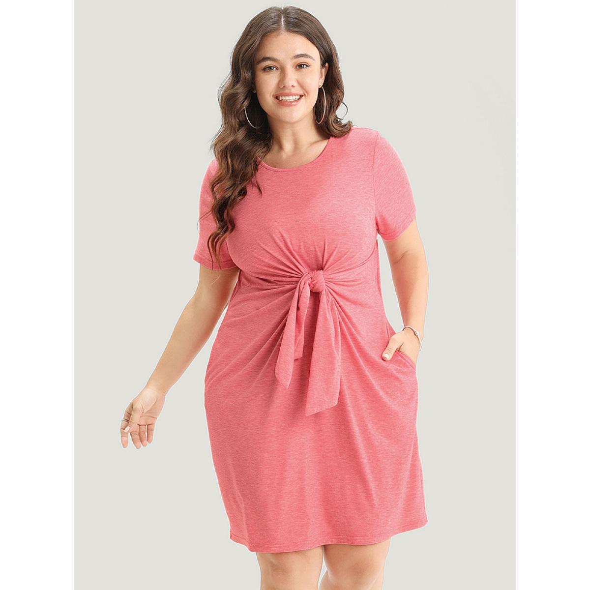 Plus Size Solid Round Neck Pocket Knot Front Knee Dress Watermelon Women Casual Plain Round Neck Short sleeve Curvy Knee Dress BloomChic 18-20/2X Product Image