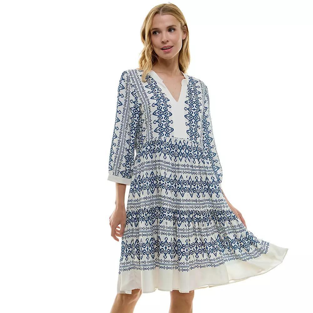 Women's Figueroa & Flower V-Neck Elbow Sleeve Baby Doll Dress, Size: Small, Cream Pink Product Image