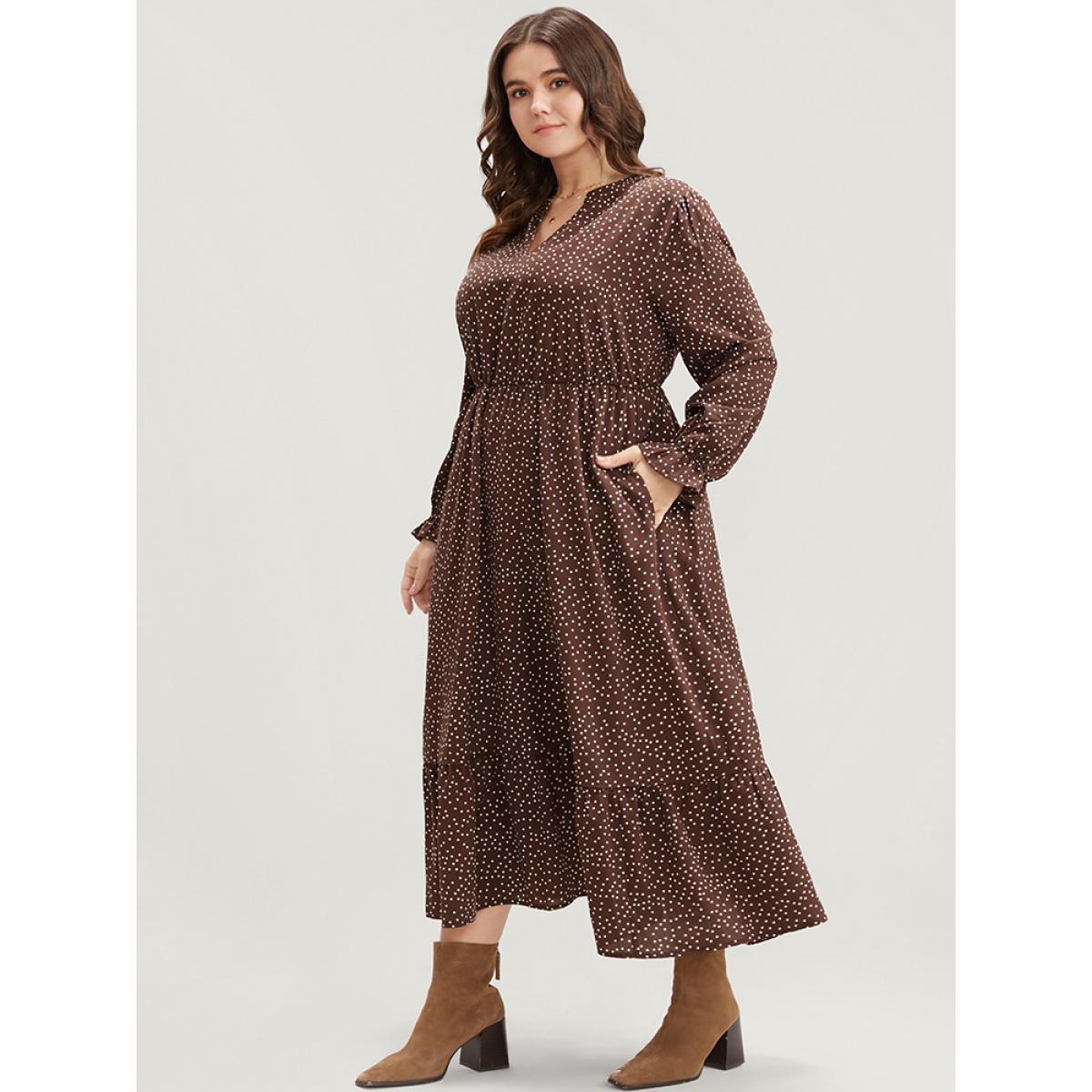 Plus Size Polka Dot Pocket Lantern Sleeve Flutter Hem Dress DarkBrown Women Elegant Pocket V-neck Long Sleeve Curvy Midi Dress BloomChic 22-24/3X Product Image