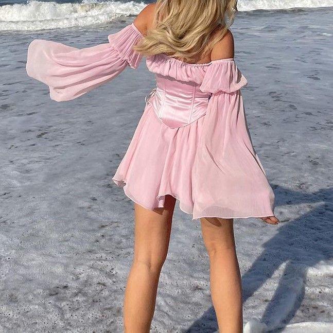 Set: Bell-Sleeve Off-Shoulder Mini Dress + Lace Up Corset Product Image