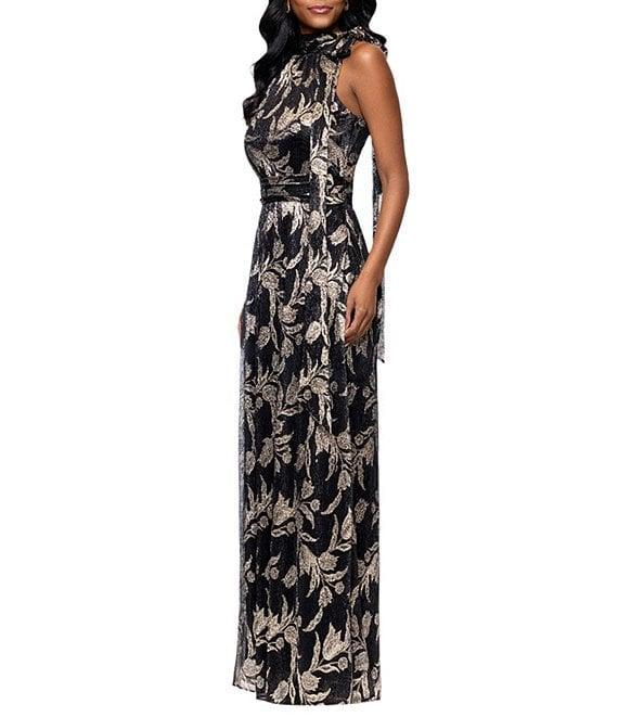 Betsy & Adam Petite Size Metallic Print Crinkled Halter Neck Dress Product Image