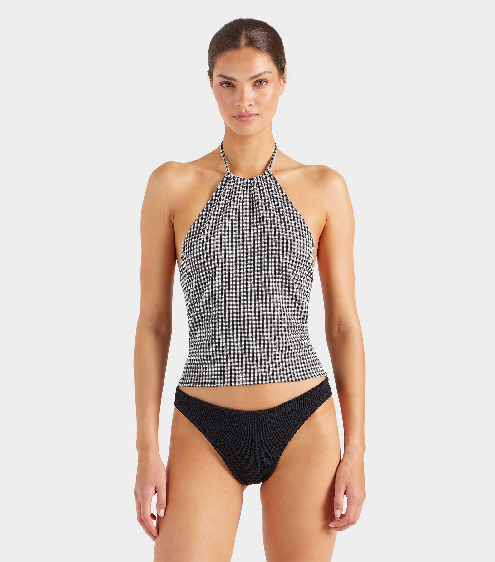 Gingham Seersucker Halter Top - Black Gingham Product Image