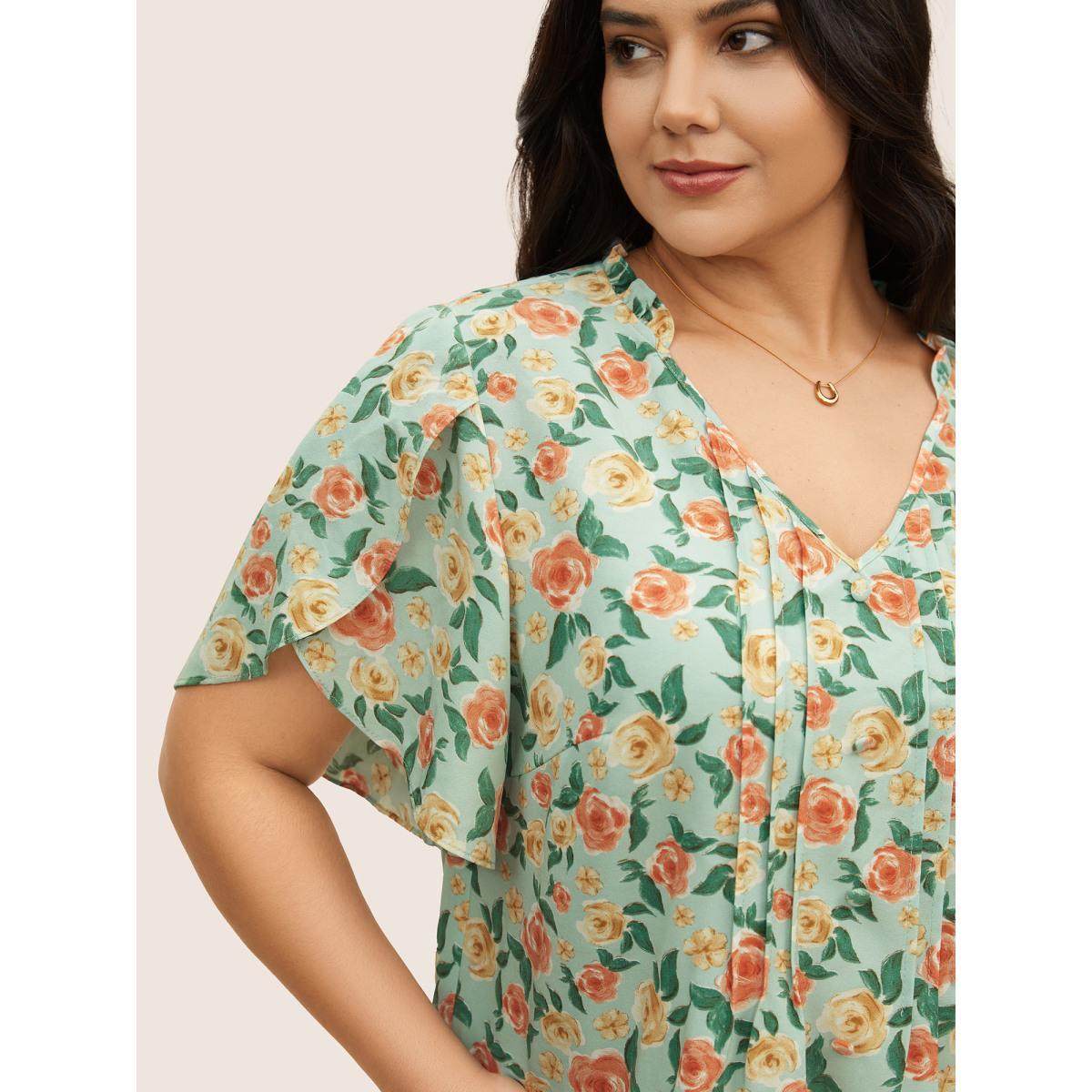 Plus Size Palemauve Rose Print Pleated Petal Sleeve Blouse Women Elegant Short sleeve V-neck Everyday Blouses BloomChic 10/M Product Image