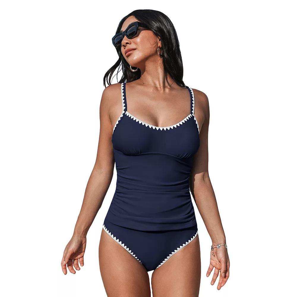 Women's Cupshe 2-pc. Scoop Neck Shell Stitch Ruched Tankini Swim Top & Swim Bottoms Set, Size: Medium, Blue Product Image