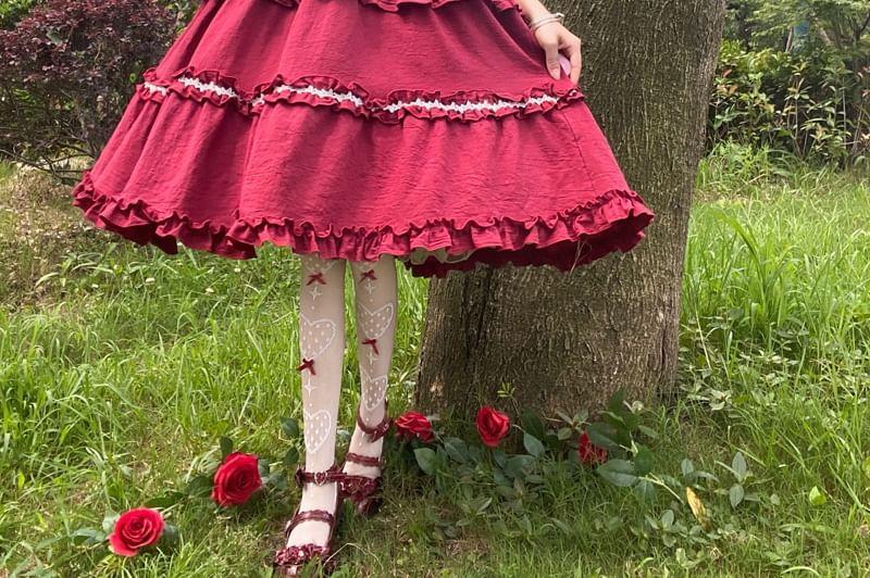 Puff-Sleeve Bow Ruffled Midi Pinafore Dress / Petticoat Product Image