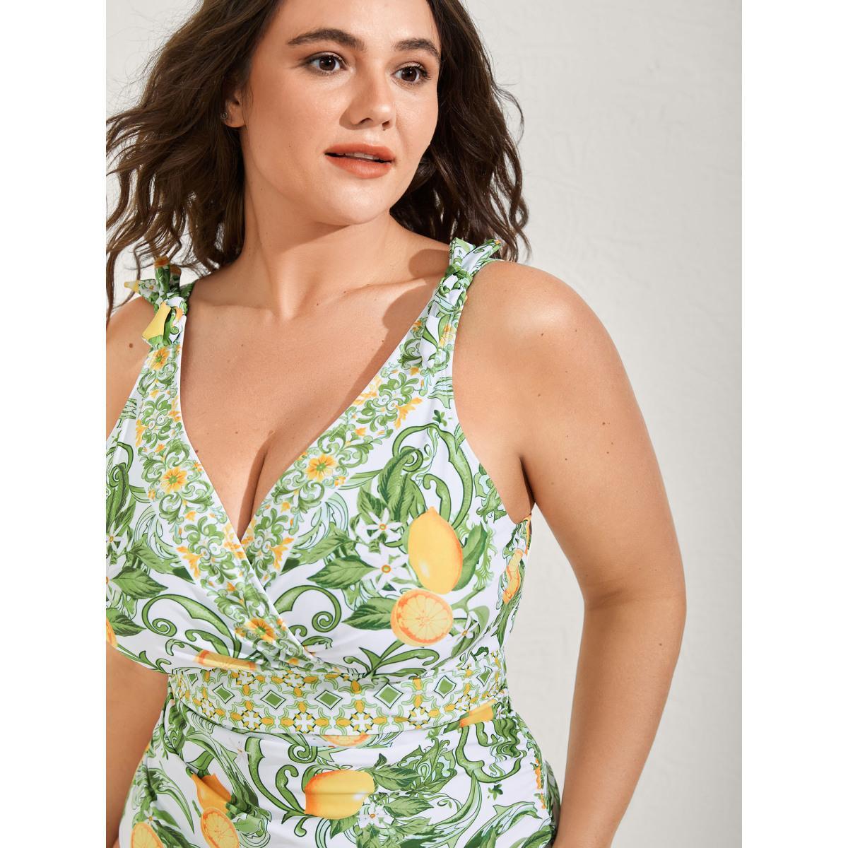 Plus Size Two-Piece Citrus Print Sarong Swimsuit Women's Swimwear Truegreen Beach Tie knot Curve Bathing Suits High stretch One Pieces BloomChic 12/L Product Image