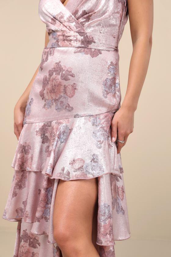 Seraphelle Mauve Floral Satin Surplice Tiered Midi Dress Product Image