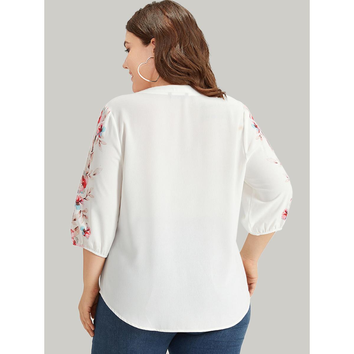 Plus Size White Floral Print Button Detail Notched Lantern Sleeve Blouse Women Elegant Half Sleeve Notched collar Dailywear Blouses BloomChic 18-20/2X Product Image