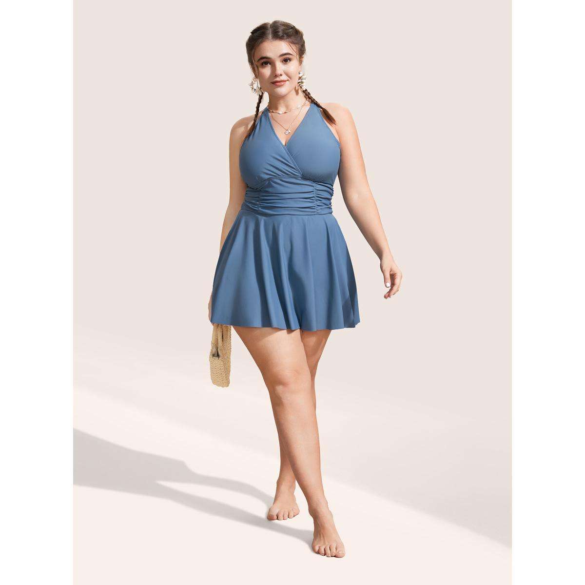 Plus Size Plain Overlap Collar Ruched Swim Dress Women's Swimwear Aegean Beach Bodycon Overlap Collar High stretch Curve Swim Dresses BloomChic 12/L Product Image