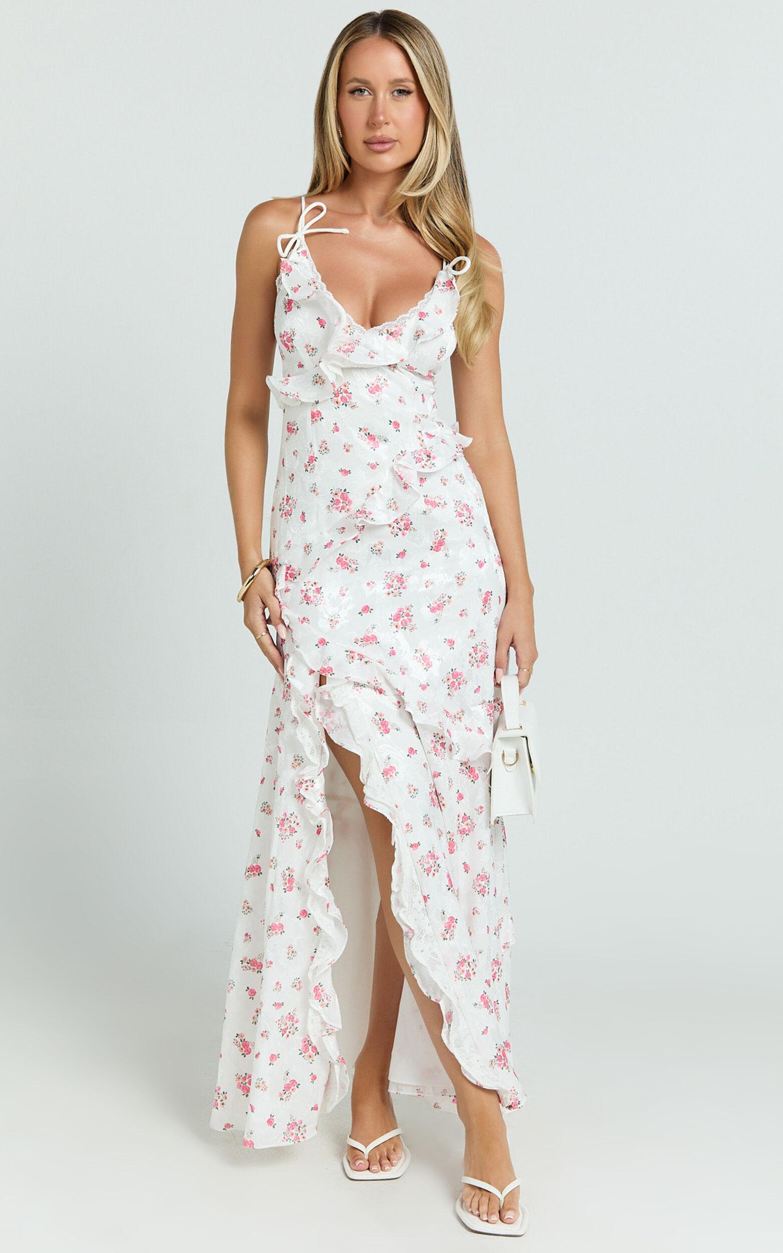 Justine Maxi Dress - Jacquard V Neck Ruffle Tiered  Dress in Romantic Ditsy Print Product Image