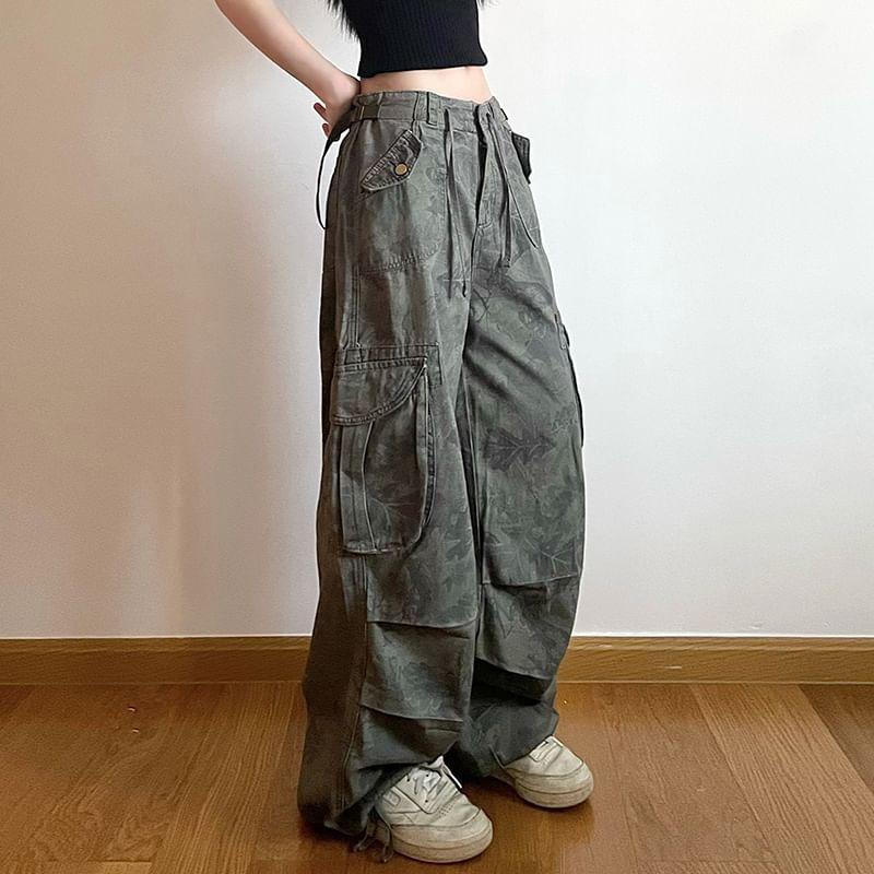 High Rise Camouflage Print Wide Leg Cargo Pants Product Image