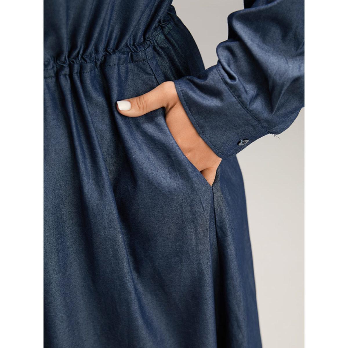 Plus Size Denim Half Zip Drawstring Elastic Waist Dress Indigo Women Casual Plain Notched collar Long Sleeve Curvy Midi Dress BloomChic 22-24/3X Product Image