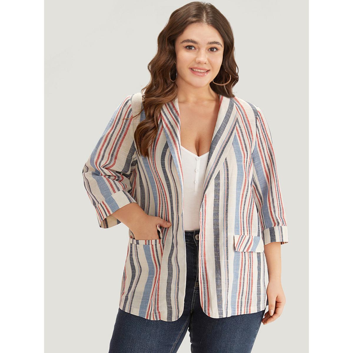 Plus Size Striped Lapel Collar Pocket Open Front Blazer DarkBlue Women Dailywear Striped Pocket Sleeve Elbow-length sleeve Lapel Collar 12/L Pocket Casual Blazers BloomChic Product Image