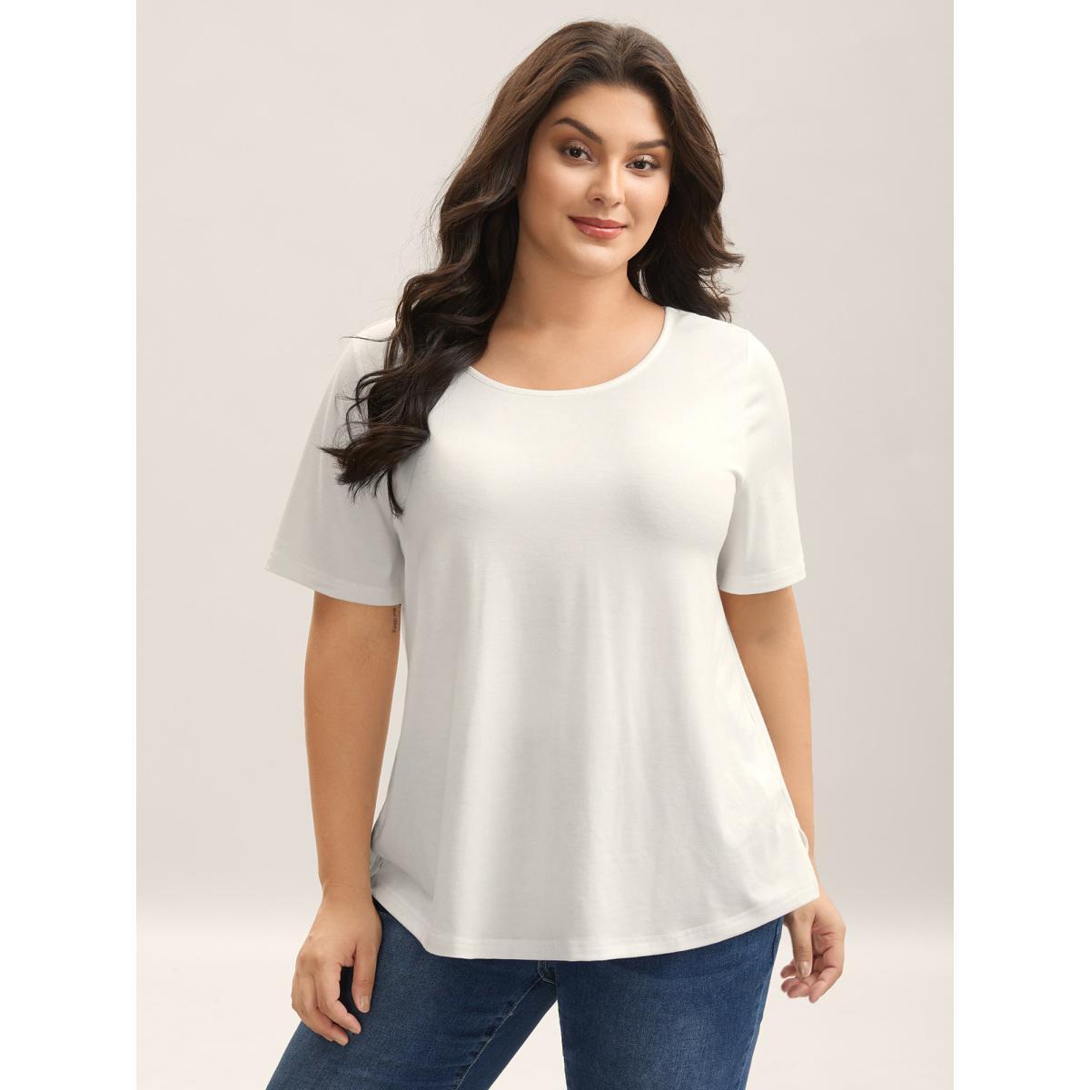 Plus Size Lace Trim Backless Plain T-Shirt Originalwhite Women Woven ribbon&lace trim Round Neck Everyday-Casual T-shirts BloomChic 30/6X Product Image