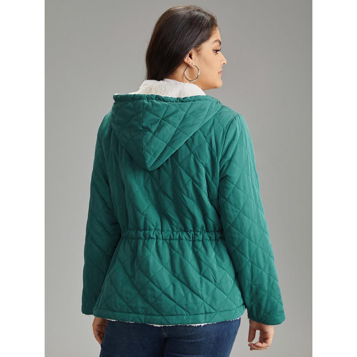 Plus Size Drawstring Quilted Zipper Fluffy Patchwork Jacket Women DarkGreen Texture Pocket Everyday Jackets BloomChic 26/4X Product Image