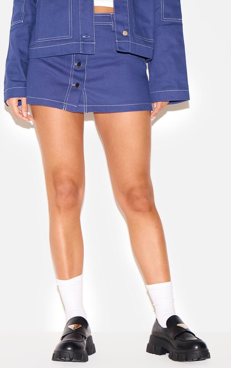  Navy Twill Contrast Stitch Button Down Micro Mini Skirt Product Image