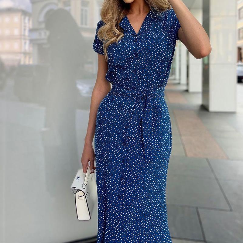 Short-Sleeve V-Neck Floral Print Maxi A-Line Dress Product Image