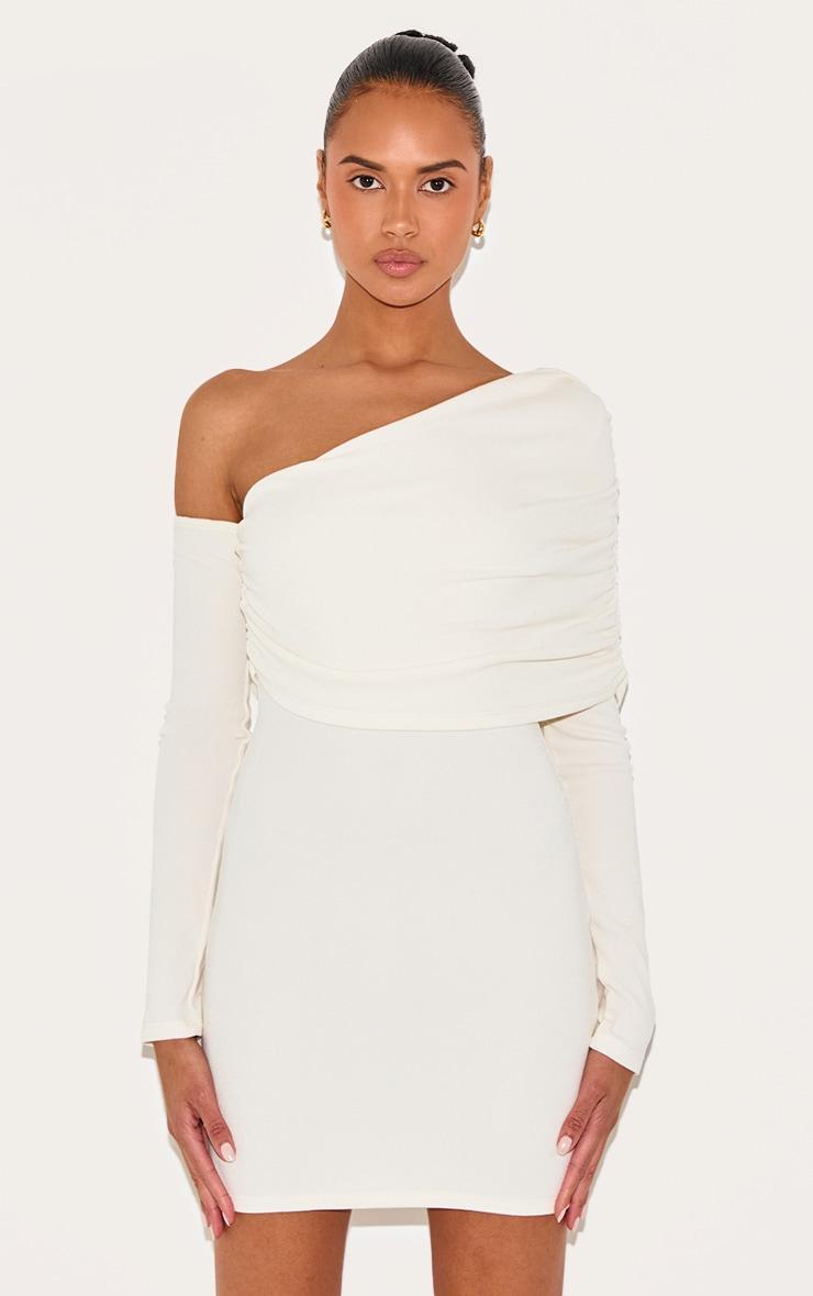Cream Rib Bardot Long Sleeve Bodycon Dress Product Image