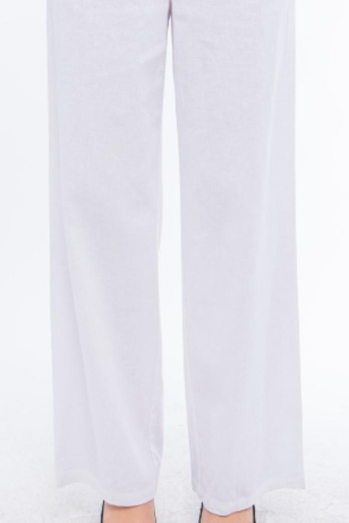 Linen Blend Full Cut Drawstring Pant in White Product Image