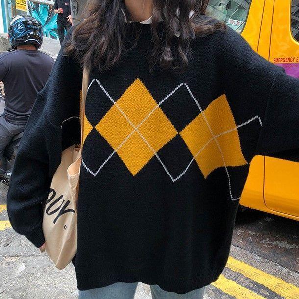 Crew-Neck Argyle Oversized Sweater Product Image