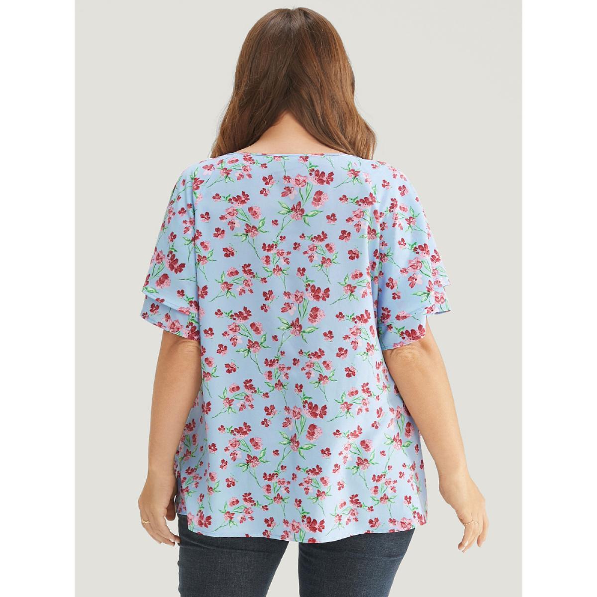 Plus Size LightBlue Ditsy Floral Keyhole Knot Neck Tiered Sleeve Blouse Women Elegant Short sleeve Round Neck Dailywear Blouses BloomChic 22-24/3X Product Image