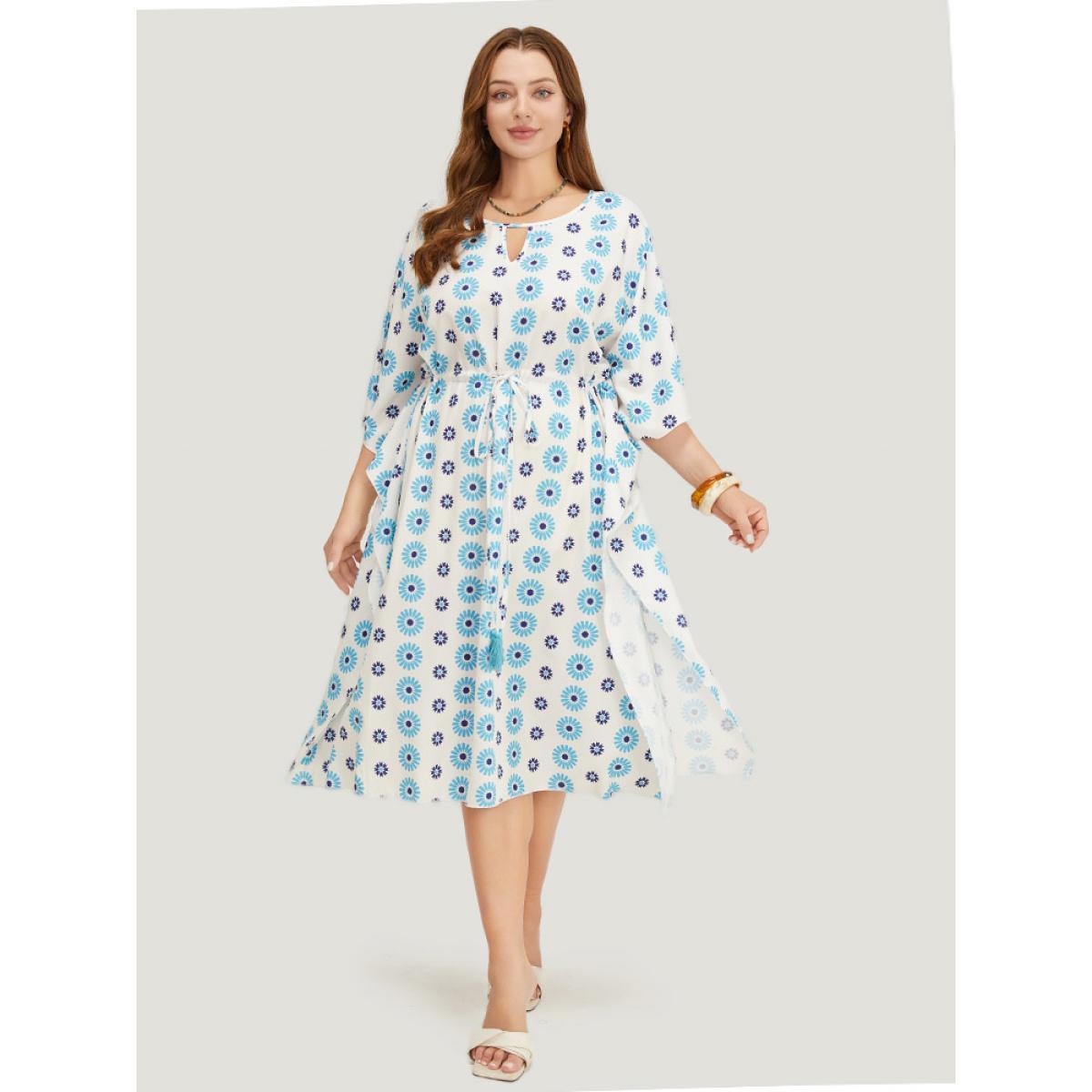 Plus Size Floral Batwing Sleeve Keyhole Knotted Neck Split Dress Cerulean Women Vacation Round Neck Half Sleeve Curvy Midi Dress BloomChic 18-20/2X Product Image