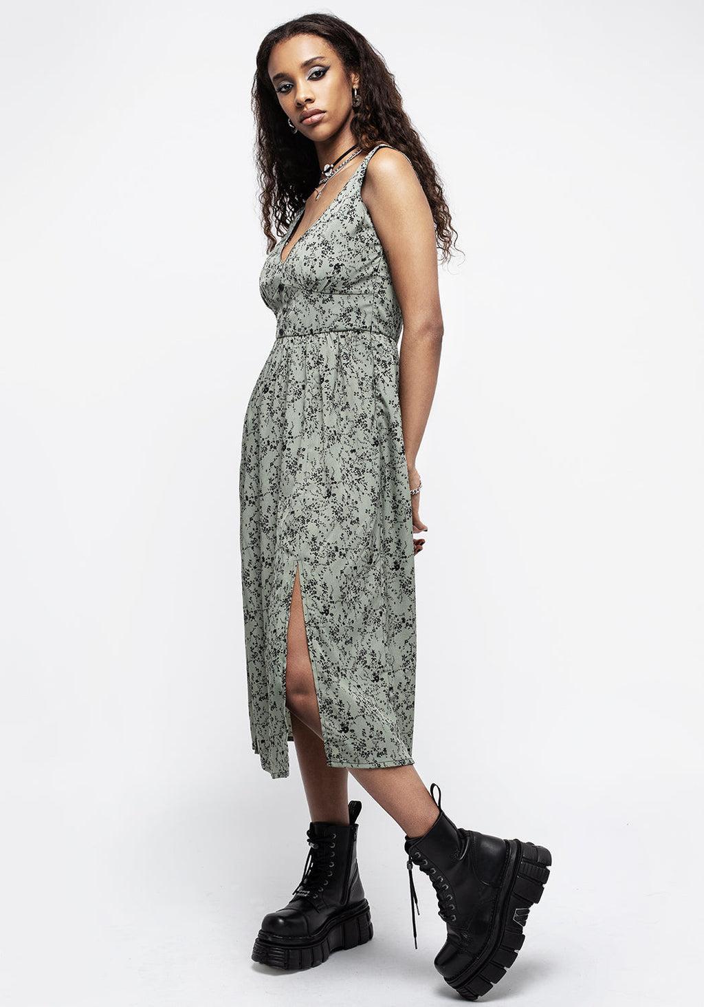 Cassie Green Floral Corset Button Midi Split Dress Product Image