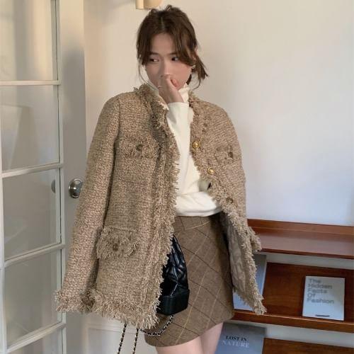 Plaid Fringed Trim Single-Breasted Jacket Product Image