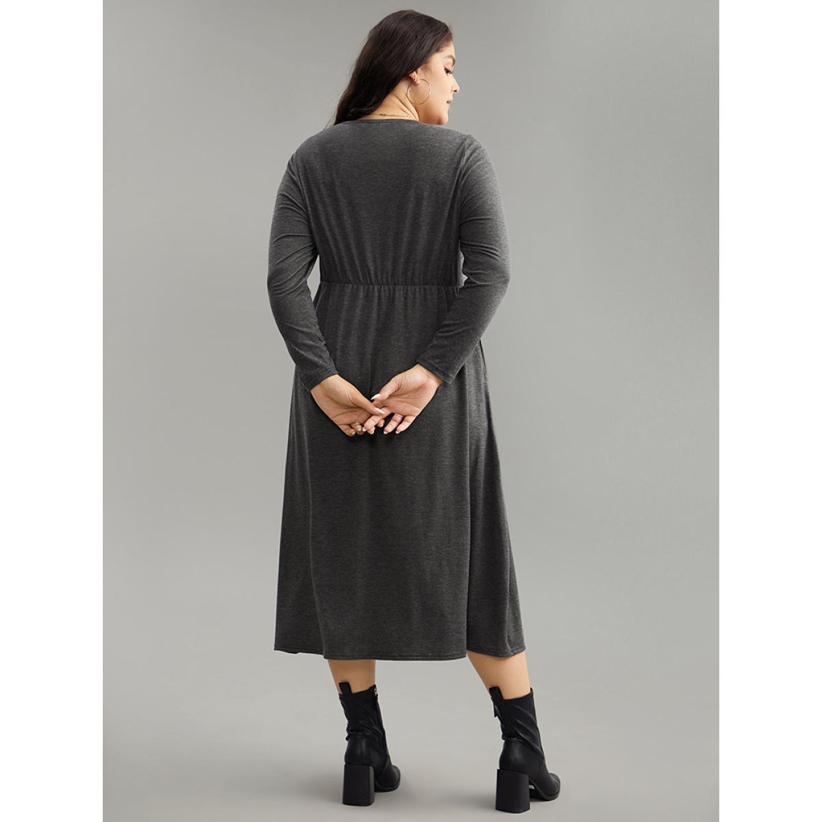 Plus Size Solid Button Up Pocket Dress DimGray Women Basics Non Round Neck Long Sleeve Curvy Midi Dress BloomChic 22-24/3X Product Image
