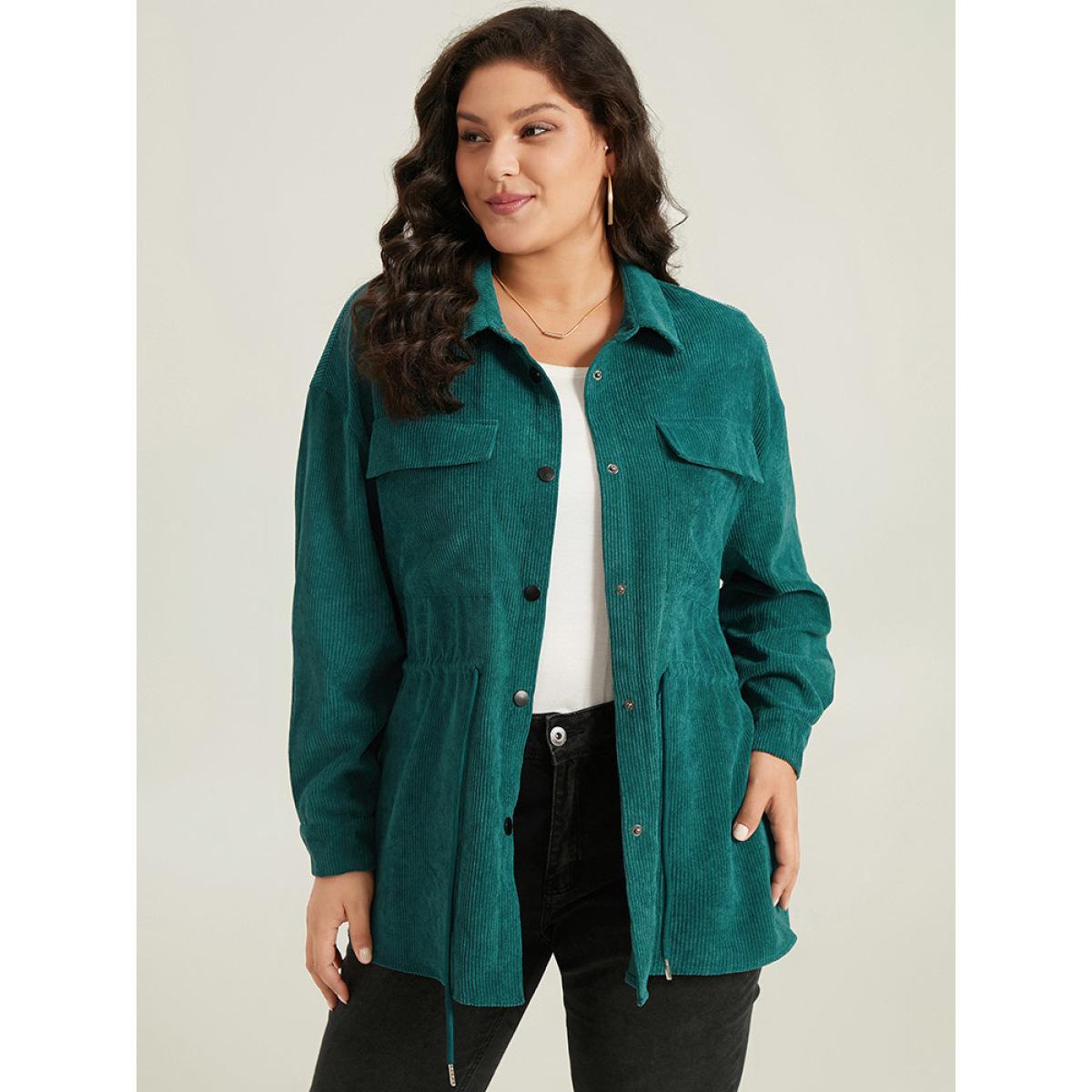 Plus Size Plain Corduroy Pocket Button Up Drawstring Gathered Coat Women Cyan Casual Plain Ladies Dailywear Winter Coats BloomChic 22-24/3X Product Image