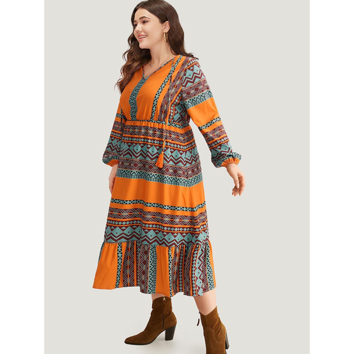 Plus Size Boho Print Tassel Tie Neck Dress OrangeRed Women Vacation Elastic cuffs Tie Neck Long Sleeve Curvy Midi Dress BloomChic 12/L Product Image
