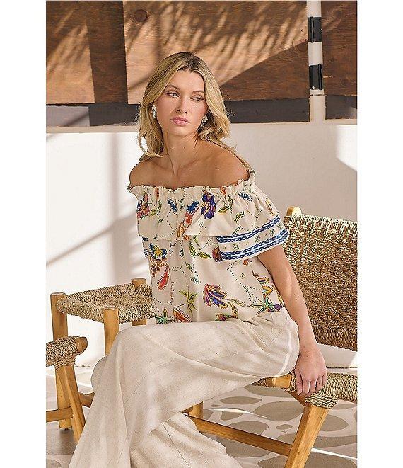 Sugarlips Linen Floral Print Off the Shoulder Short Sleeve Top Product Image