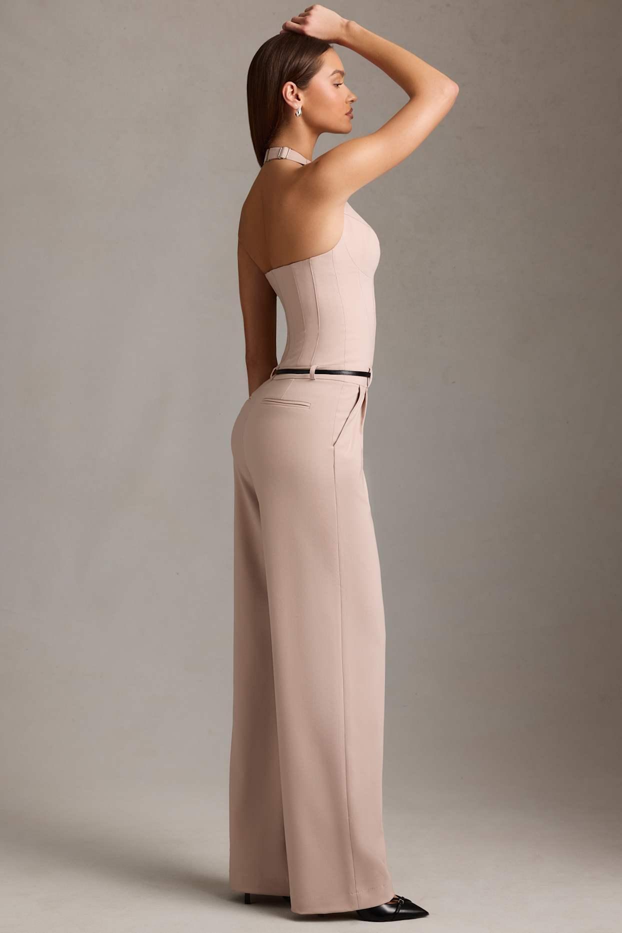 Corset-Detail Halterneck Jumpsuit in Mushroom Product Image